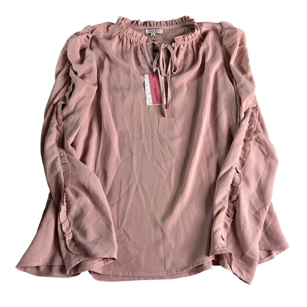 Andrée by Unit Blush Pink Ruffle Sleeve Tie Neck Blouse Women’s Large Boho NWT